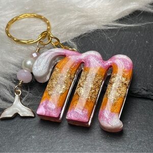 Artisan Orange, Cream and Pink Letter “M” Keychain with Mermaid Charm